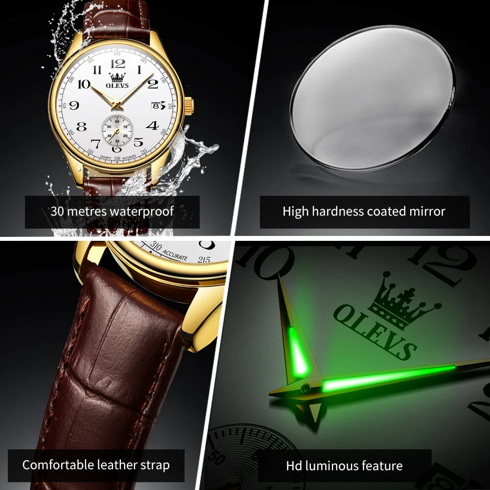 OLEVS 3622 Chronograph Quartz Watch for Men Fashion Leather Strap Luminous Waterproof Classic Digital Dial Top Men's Wristwatch