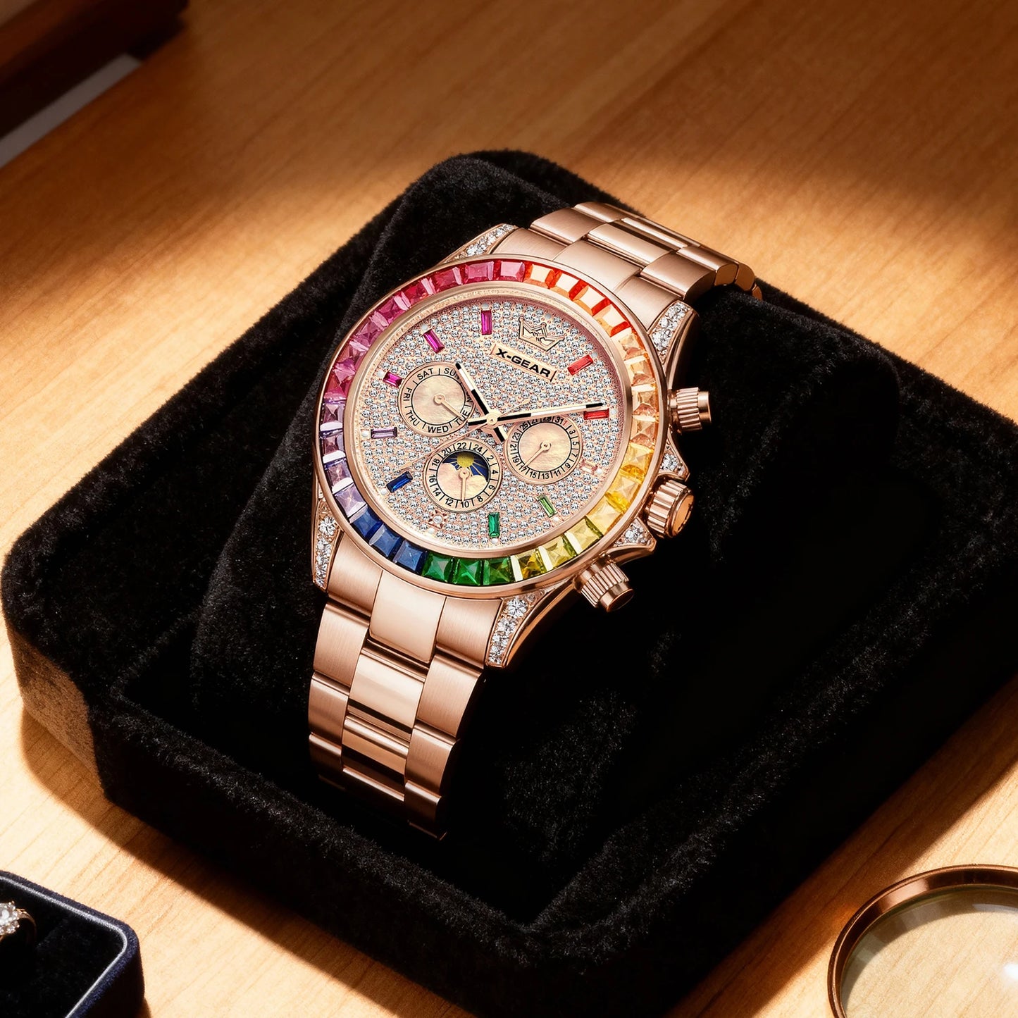 Luxury Men's Rose Gold Watch Colorful Gemstone Bezel 6-Pin Display Waterproof Mechanical Watch for Elegant Fashion