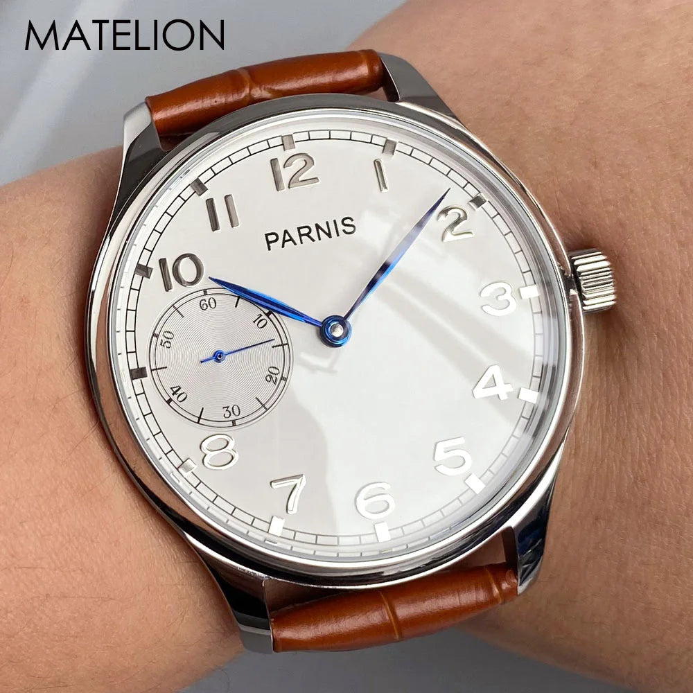 Retro Watch for Men Asia 6497 Hand Winding Movement Black White Mechanical Manual Winding Mineral Crystal 44mm Transparent Back