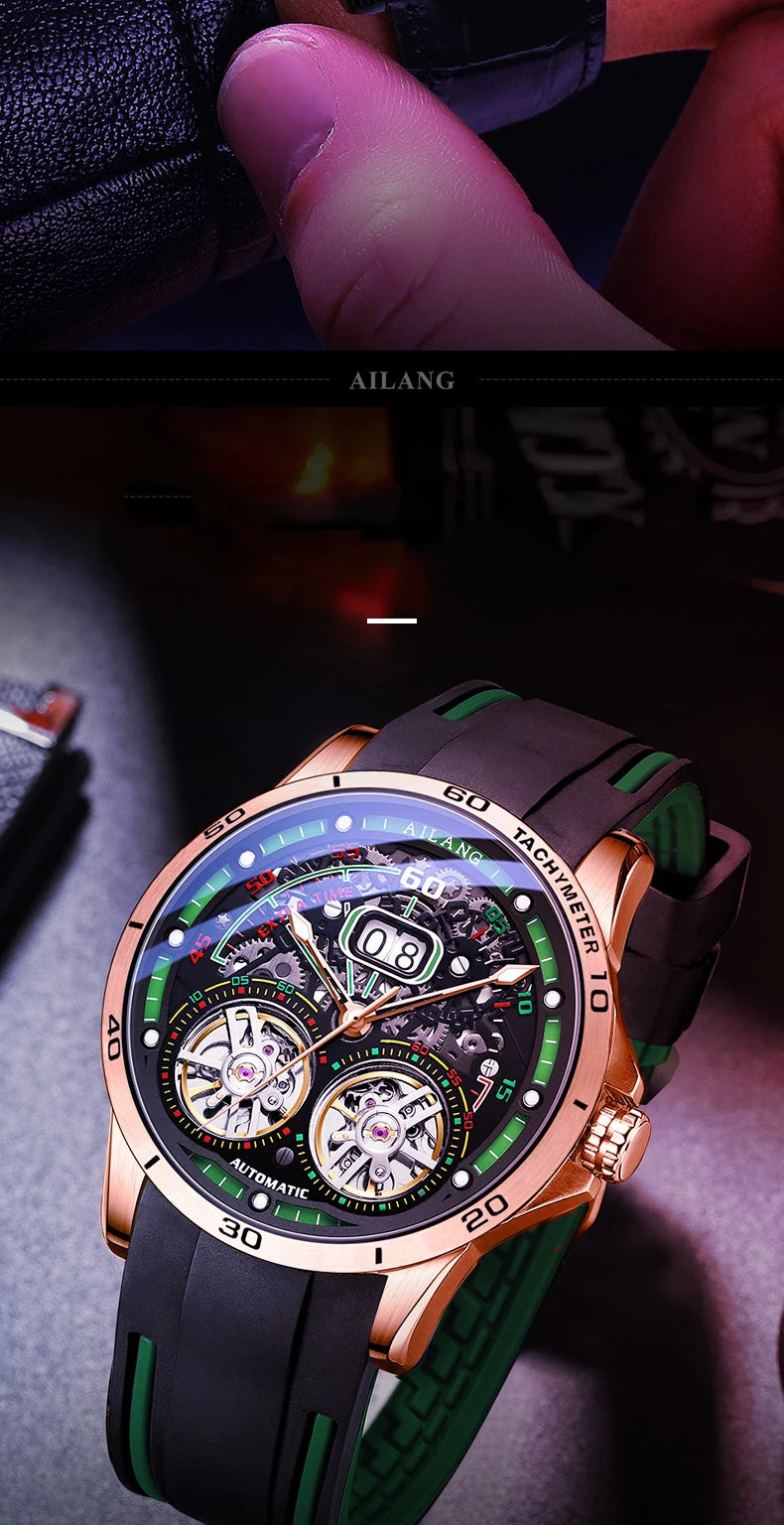 Luxury Sports Double Tourbillon Watches for Men Fashion Calendar Mechanical Watch Waterproof Luminous Clock Mens