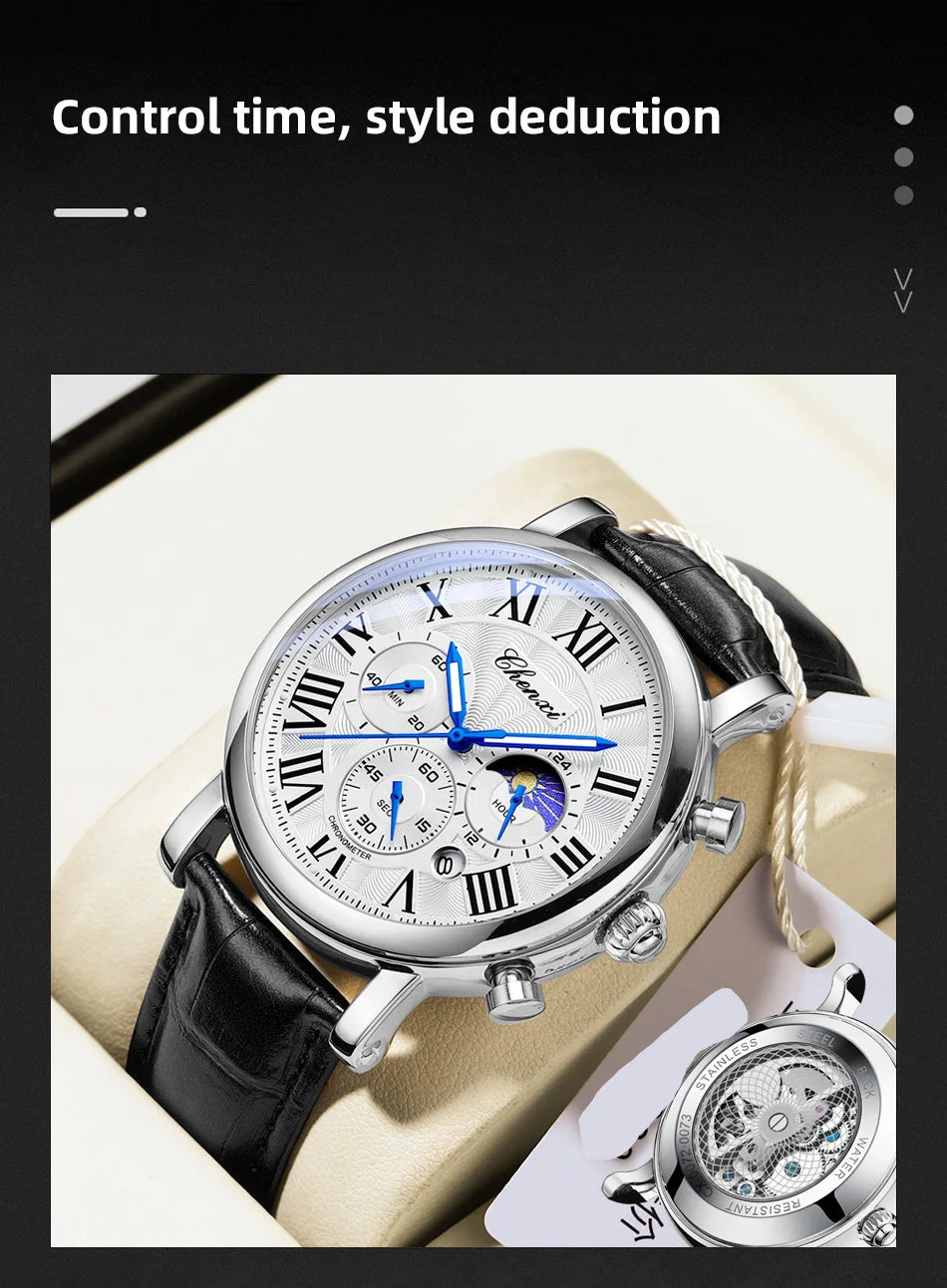 Watches For Men Leather Sweeping Second See-through Quartz Movement Waterproof Moon Phase Chronograph Wristwatch Men's Watch