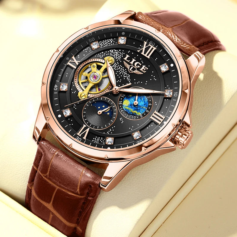 LIGE Top Luxury Mechanical Watches Men Fashion Diamonds Automatic Mens Watch 30M Waterproof Luminous Wristwatch Male Reloj 2026