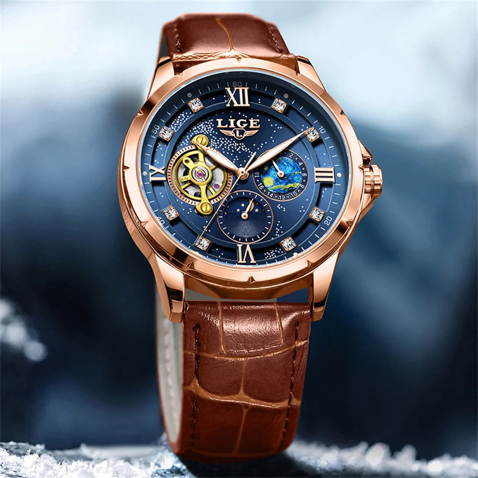 LIGE Top Luxury Mechanical Watches Men Fashion Diamonds Automatic Mens Watch 30M Waterproof Luminous Wristwatch Male Reloj 2026