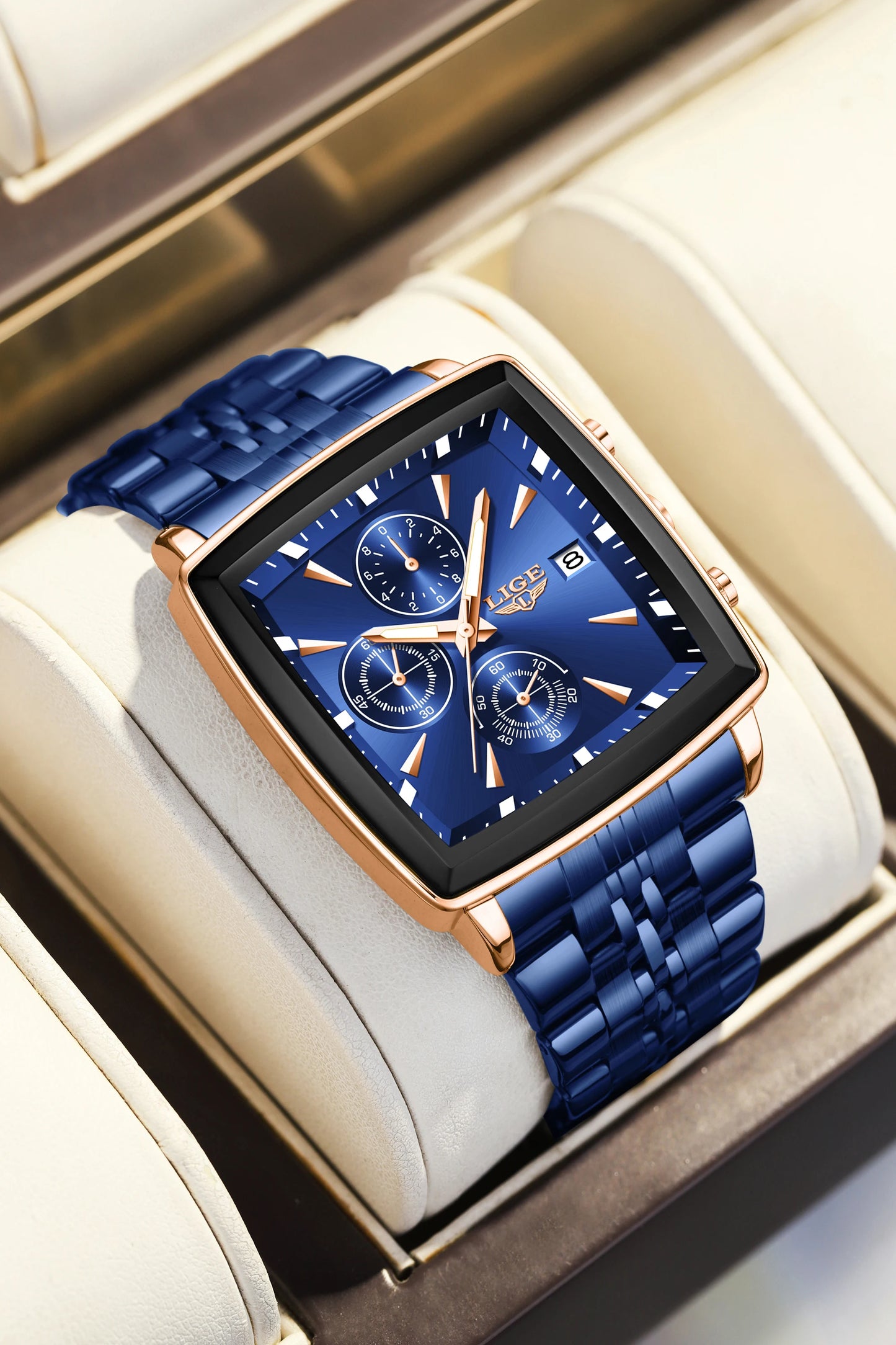 LIGE Fashion Luxury  Watches for Men Square Dial Stainless Steel Waterproof Luminous Auto Date Chronograph Quartz Man Watch+Box