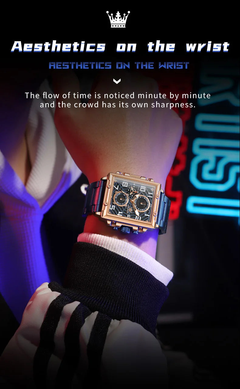 OLEVS 2958 Men Watch Fashion Business Square Quartz Watch Luxury Brand Waterproof Chronograph Formal Sports Men Watch Box Reloj