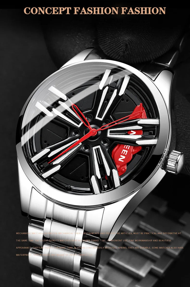 2025 New Racing Watches Men Custom Design Super Car Rim Watch Stainless Steel Black Retro Waterproof Watch Relogio Masculino
