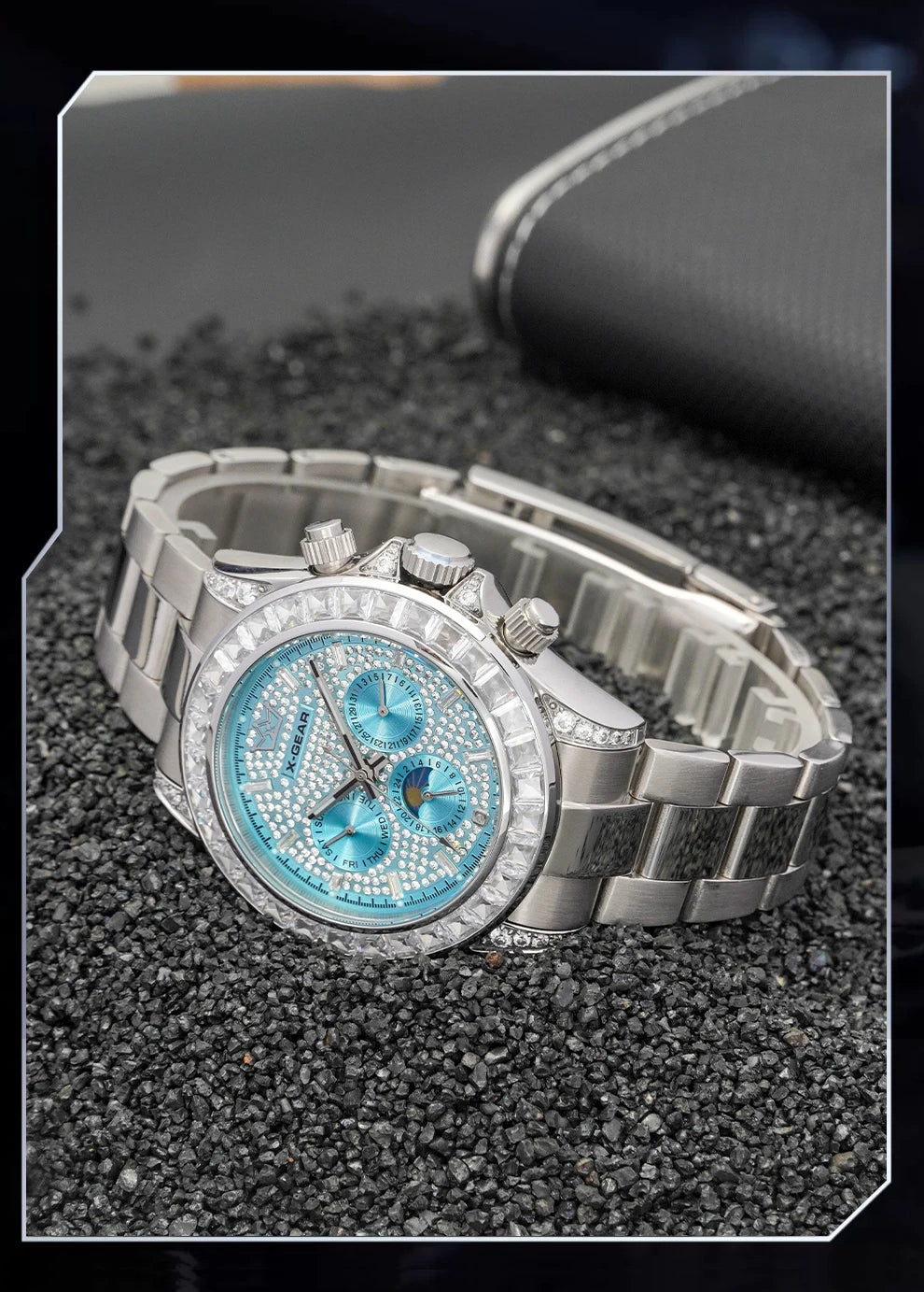 X-GEAR Men's Watch Automatic Mechanical with Diamond Dial Luminous Moon Phase Water-Resistant (Gift)