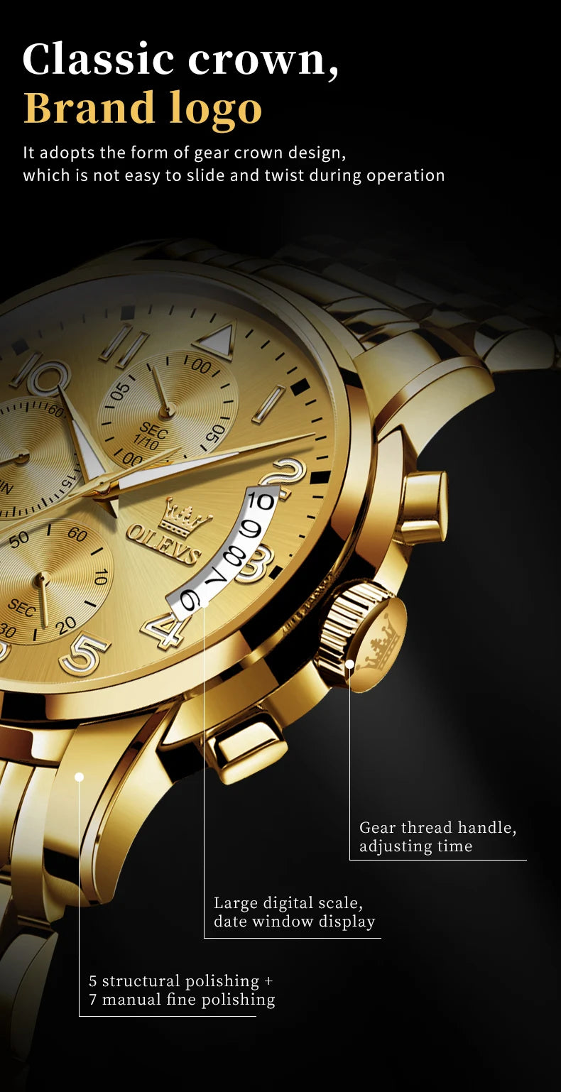 OLEVS Men's Watches Top Brand Luxury Fashion Fine Steel Original Quartz Wristwatch Waterproof Luminous Date Chronograph reloj