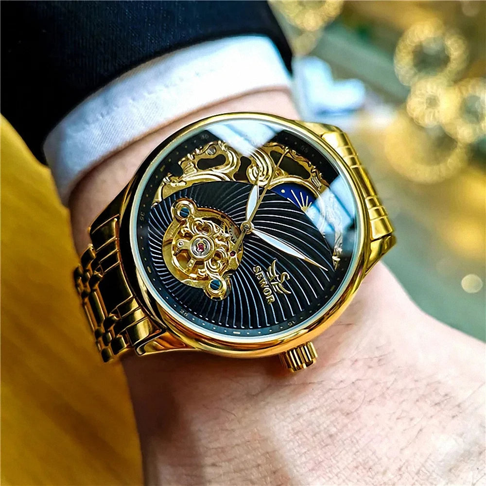 Royal Tourbillon Skeleton Watch for Men Gold Retro Automatic Mechanical Watches Stainless Steel Strap Luxury Brand Wristwatches