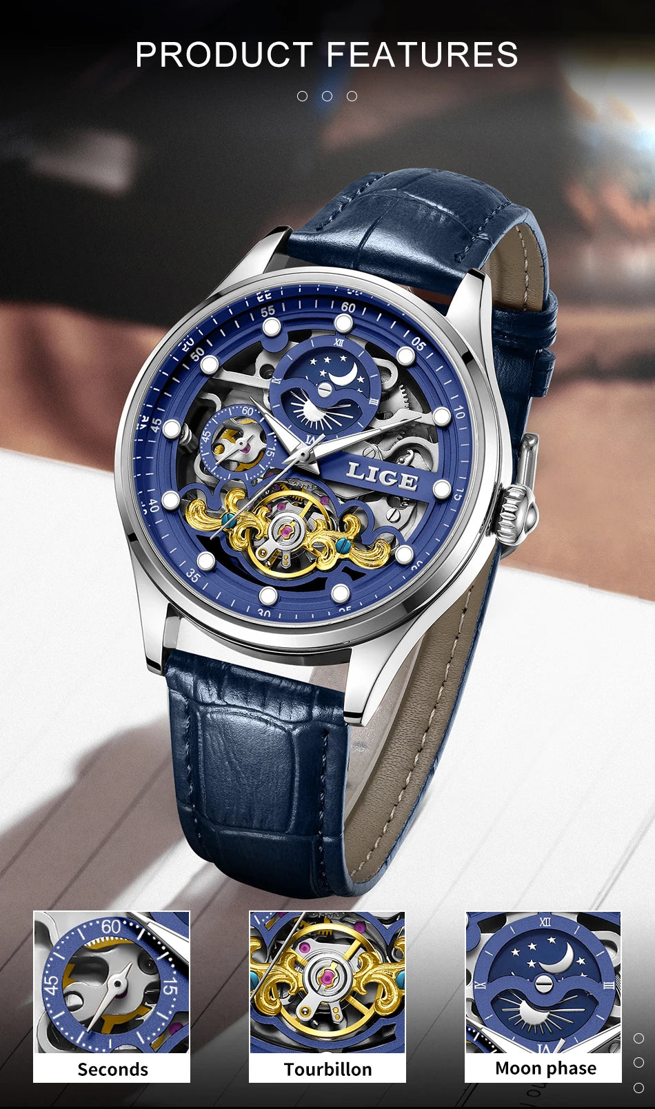 Reloj Hombre Watches Mens LIGE Top Brand Luxury Skeleton Tourbillon Automatic Mechanical Watch for Men Waterproof+Watch Box