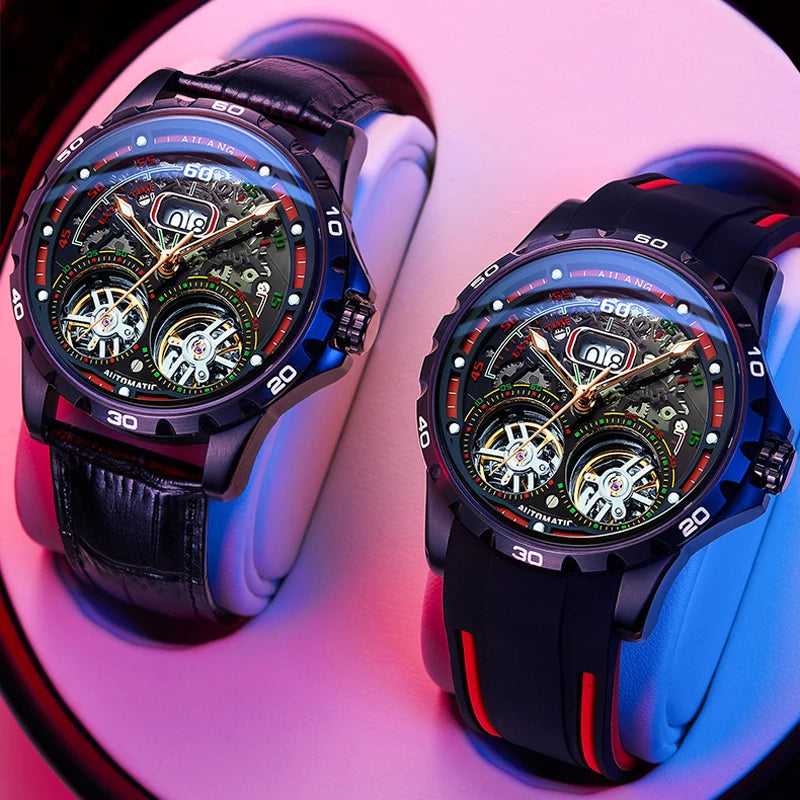 Luxury Sports Double Tourbillon Watches for Men Fashion Calendar Mechanical Watch Waterproof Luminous Clock Mens