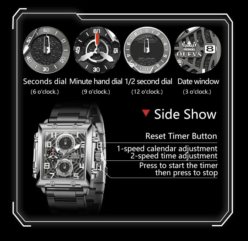 OLEVS 2958 Men Watch Fashion Business Square Quartz Watch Luxury Brand Waterproof Chronograph Formal Sports Men Watch Box Reloj