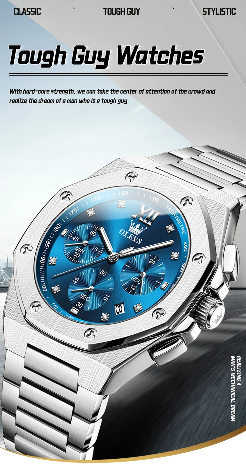 OLEVS 3626 Men's Watches Rhombus Dial Original Quartz Watch for Man Waterproof Luminous Stainless Steel Wristwatch Male Date