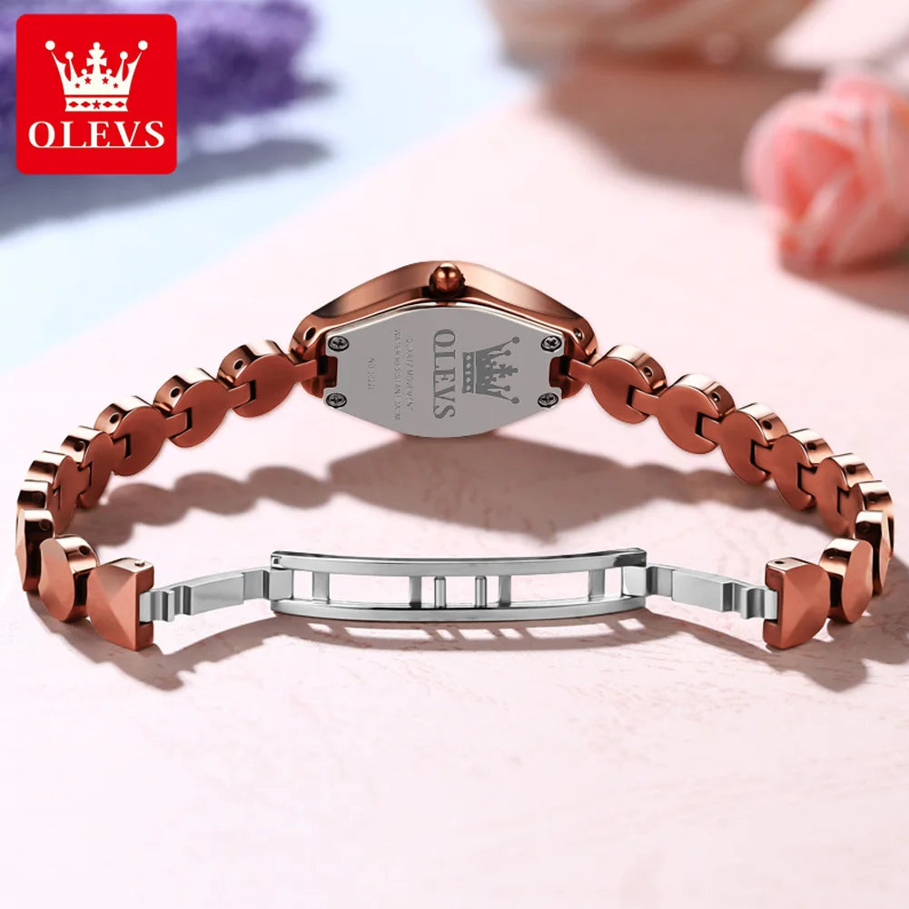 OLEVS 7007 Ladies Watches Original Quartz Wristwatch Rhombus Mirror Diamond Scale Tungsten Steel Watch for Women Bracelet Set