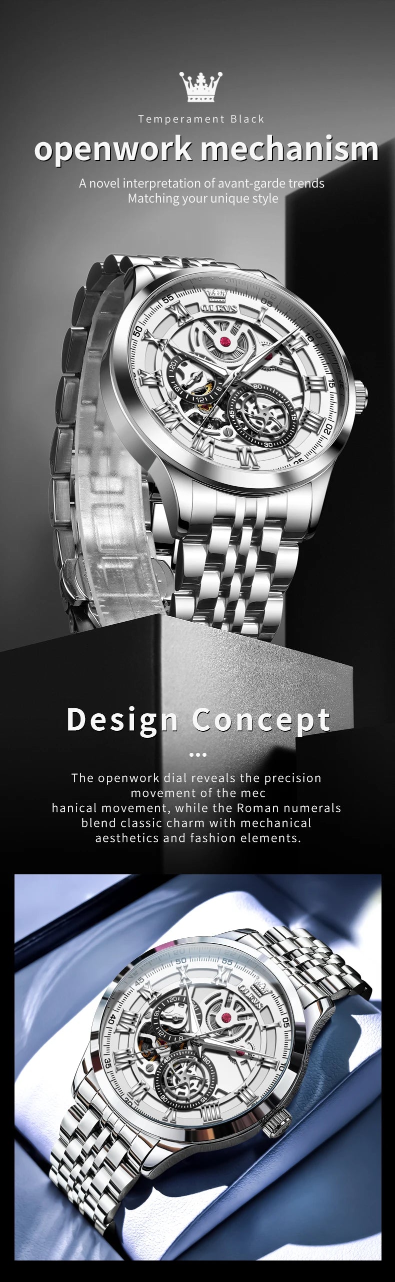 OLEVS 7076 Mechanical Watch for Men Waterproof Skeleton Chronograph Sports Fashion Wristwatch Man Hand Clock