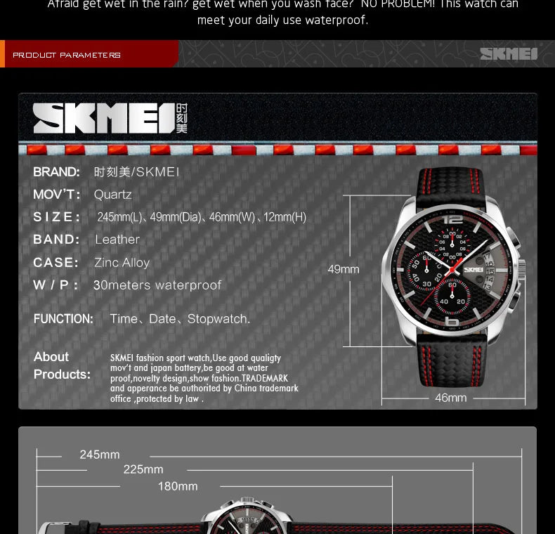 Skmei Top Brand Luxury Leather Strap 5Bar Waterproof Quartz Wristwatches Relogio Masculino Fashion Sport Mens Watches 9106