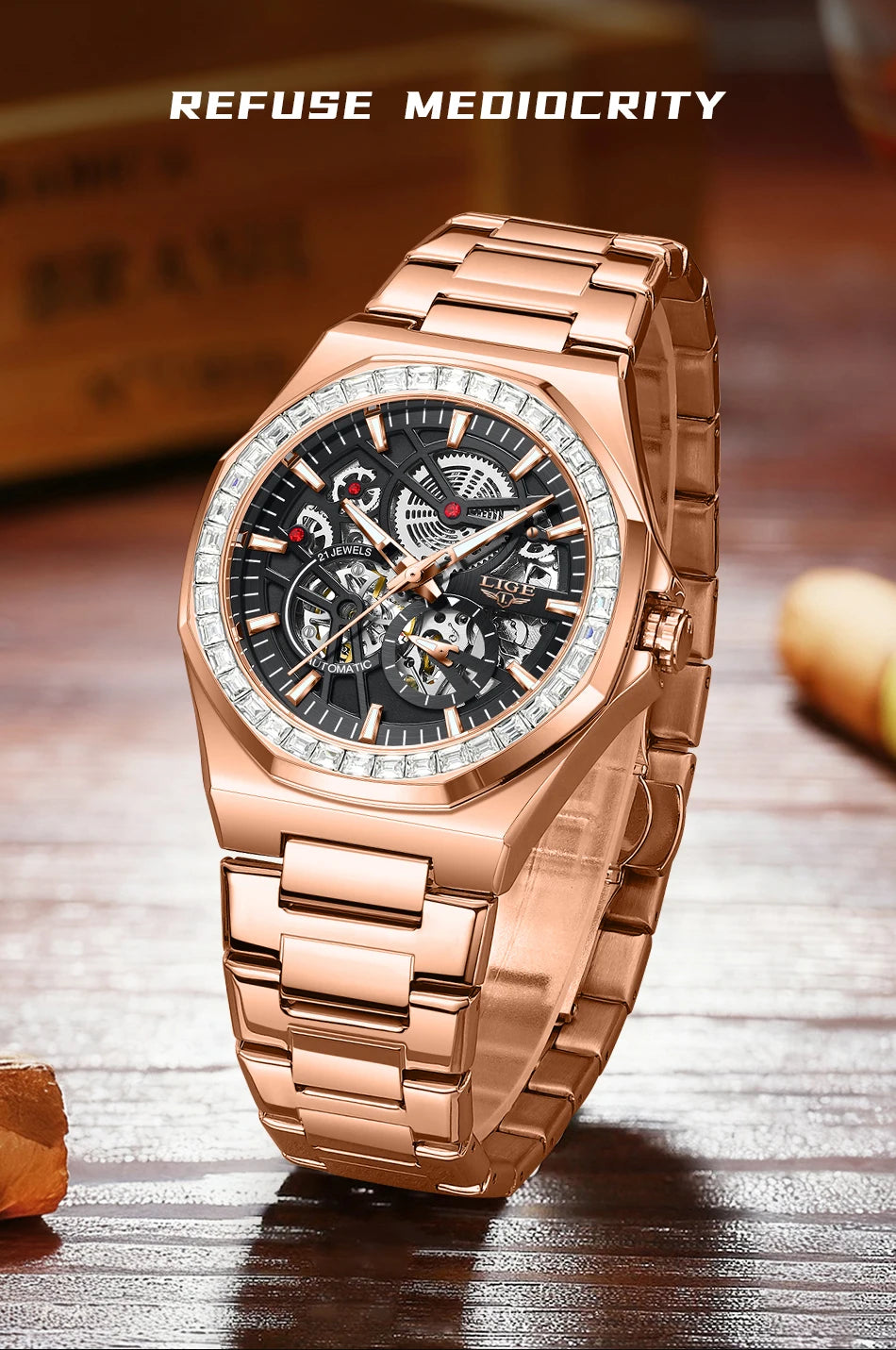 LIGE New Luxury Rose Gold Waterproof Watches For Men Casual Business Watch Men Luminous Automatic Men's Mechanical Wristwatch