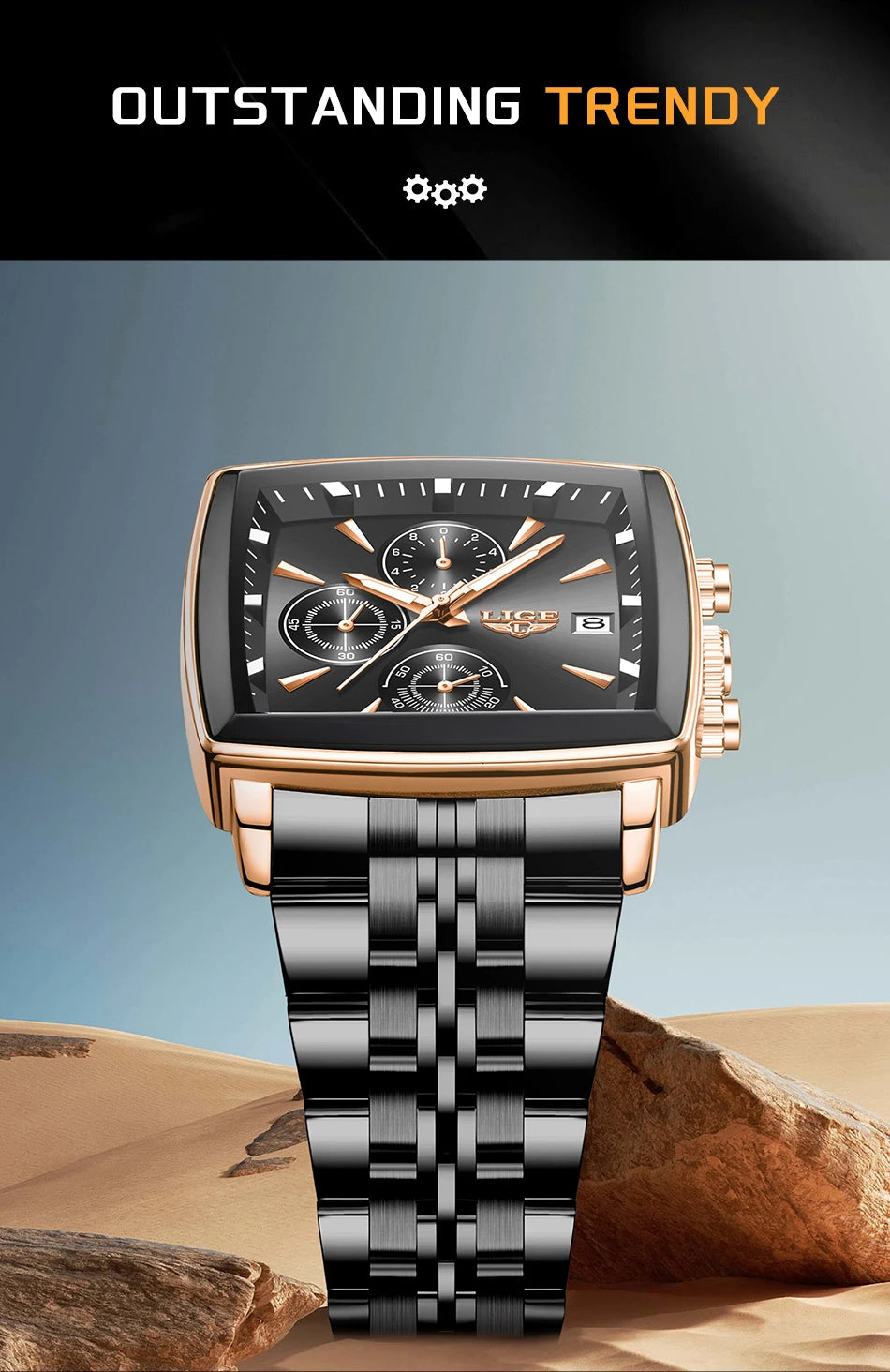 LIGE Fashion Luxury  Watches for Men Square Dial Stainless Steel Waterproof Luminous Auto Date Chronograph Quartz Man Watch+Box