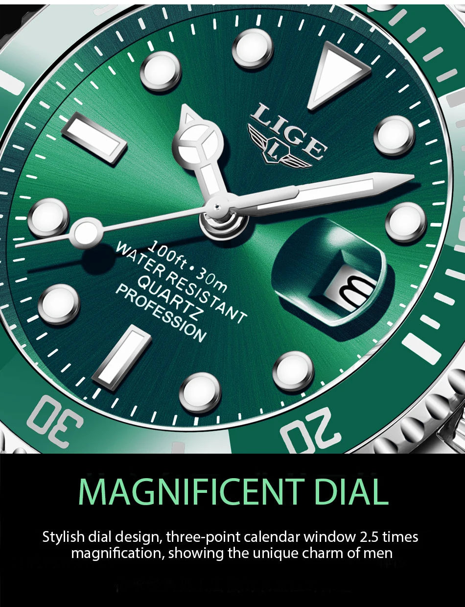 LIGE Top Luxury Watches For Men Fashion 30M Waterproof Luminous Date Quartz Wristwatches Casual Business Mens Watch Roloj Hombre