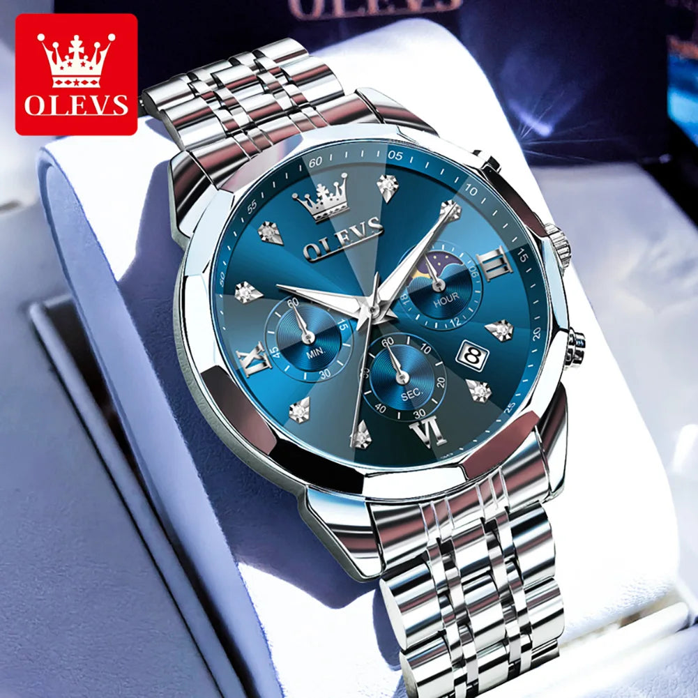 OLEVS 3670 Men's Watches Solid Steel Strap Rhombus Mirror 24Hour Moon Phase Waterproof Luminous Chronograph Quartz Watch for Men