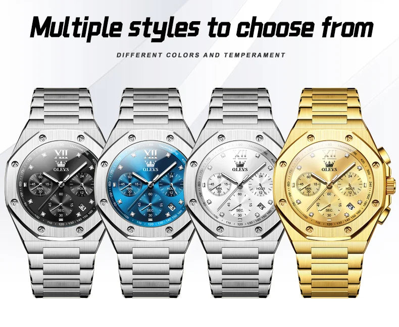 OLEVS Men's Watches Classic Luxury Top Brand Fine Steel Original Quartz Wristwatch for Man Waterproof Luminous Date Chronograph