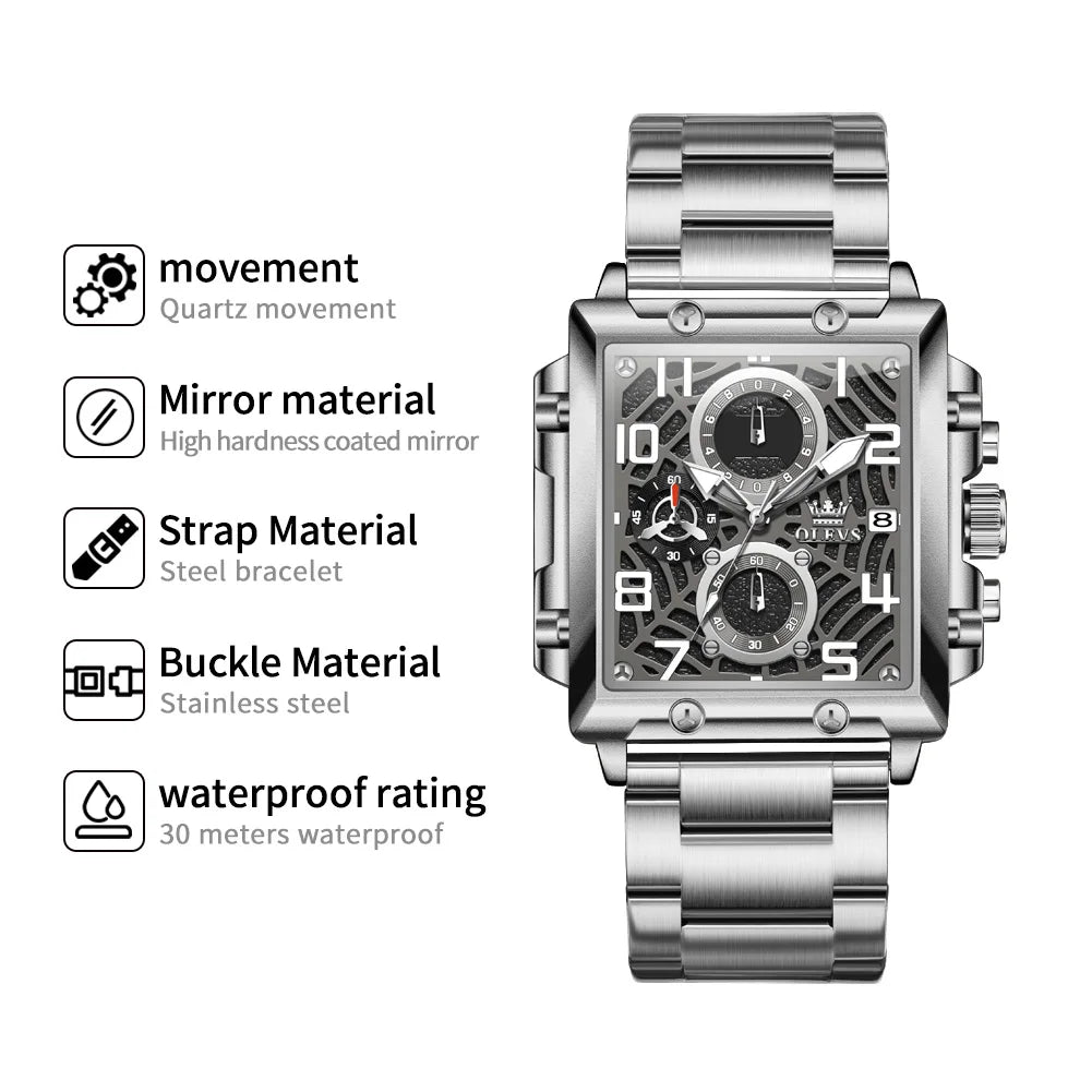 OLEVS 2958 Men Watch Fashion Business Square Quartz Watch Luxury Brand Waterproof Chronograph Formal Sports Men Watch Box Reloj