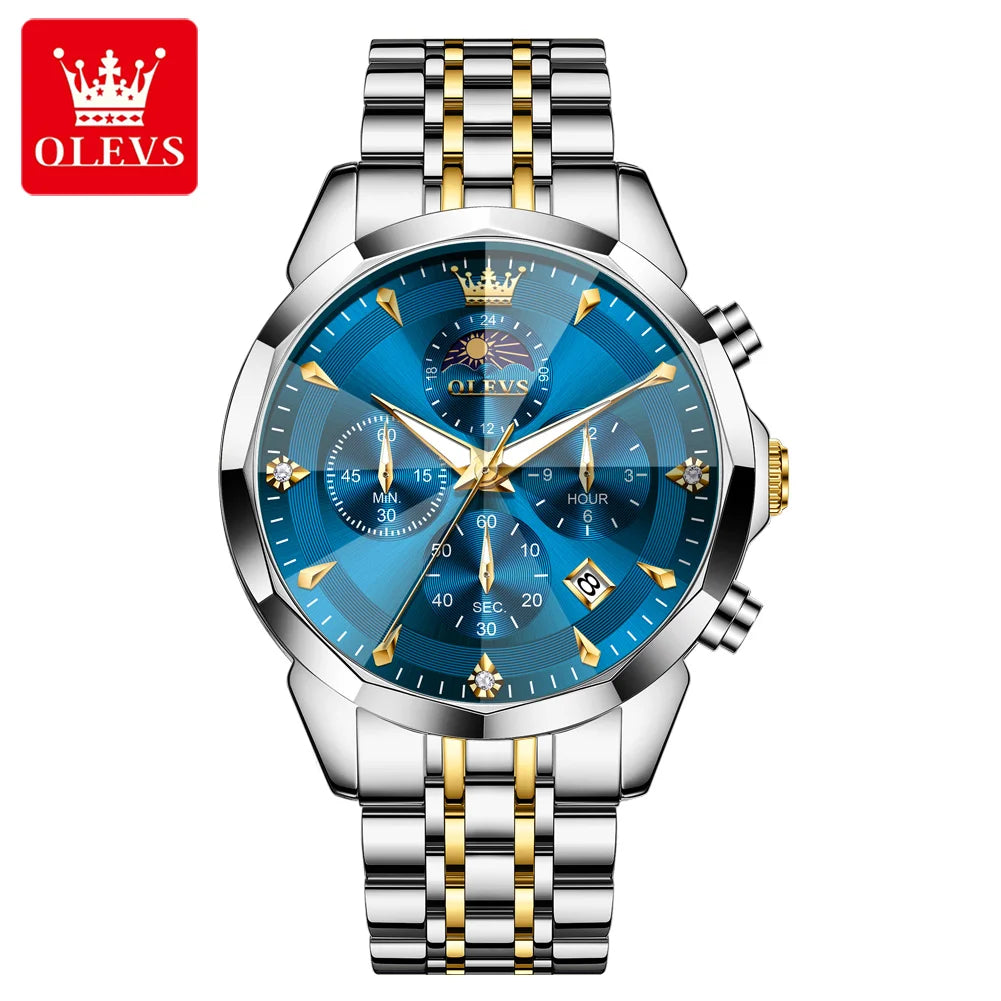 OLEVS Hot Sale Men's Watches Original Brand Quartz Watch Rhombus Mirror Waterproof Luminous Chronograph Moon Phase Watches 3673