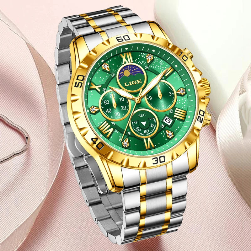 LIGE Woman Watches Rose Gold Top Brand Luxury Green Watch Women Quartz Waterproof Women's Wristwatch Ladies Girls Watches Clock