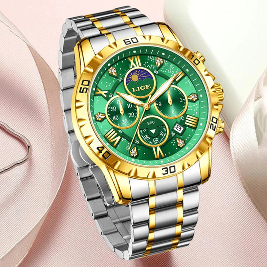 LIGE Woman Watches Rose Gold Top Brand Luxury Green Watch Women Quartz Waterproof Women's Wristwatch Ladies Girls Watches Clock