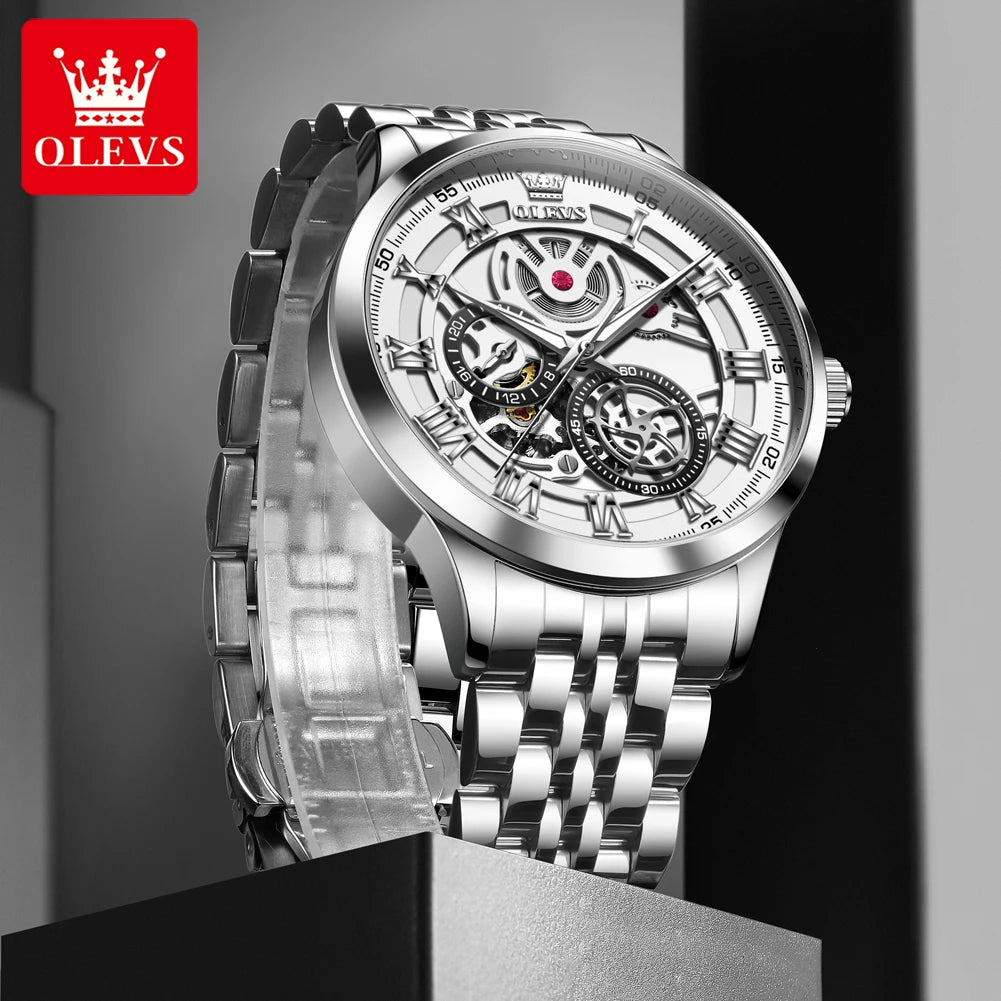 OLEVS 7076 Mechanical Watch for Men Waterproof Skeleton Chronograph Sports Fashion Wristwatch Man Hand Clock