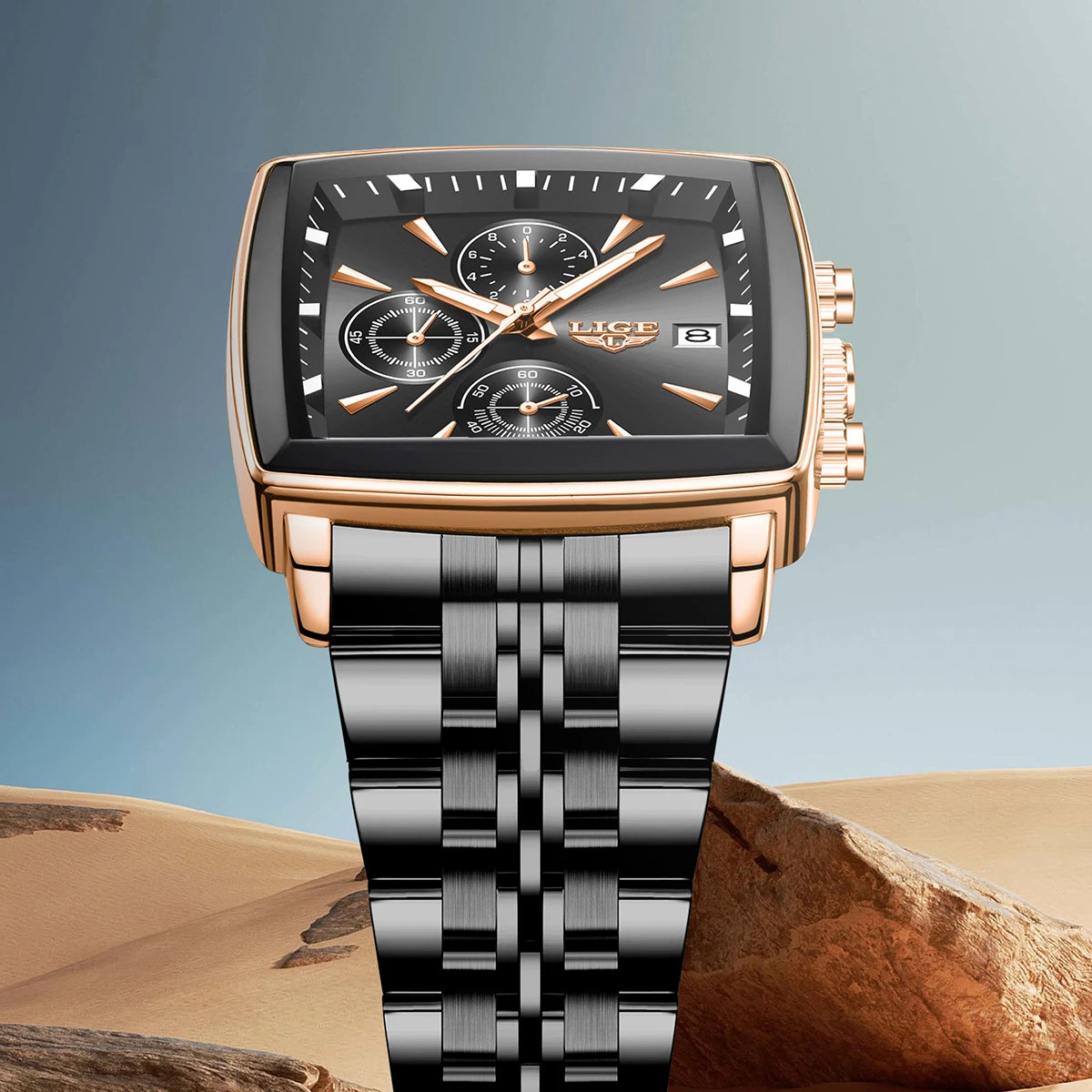 LIGE Fashion Luxury  Watches for Men Square Dial Stainless Steel Waterproof Luminous Auto Date Chronograph Quartz Man Watch+Box