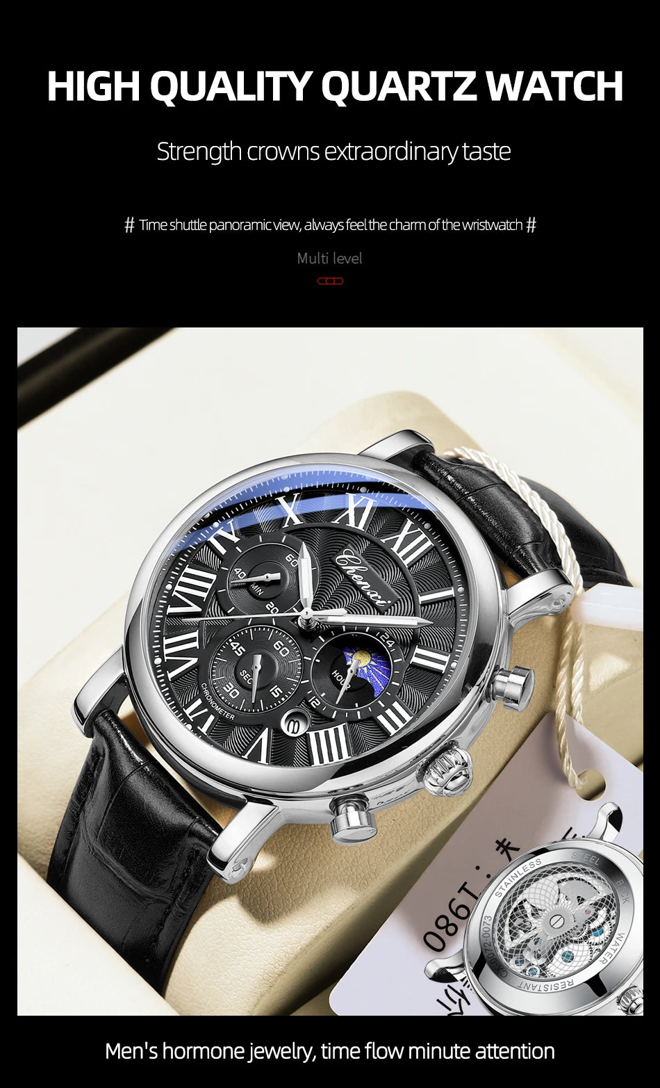 Watches For Men Leather Sweeping Second See-through Quartz Movement Waterproof Moon Phase Chronograph Wristwatch Men's Watch