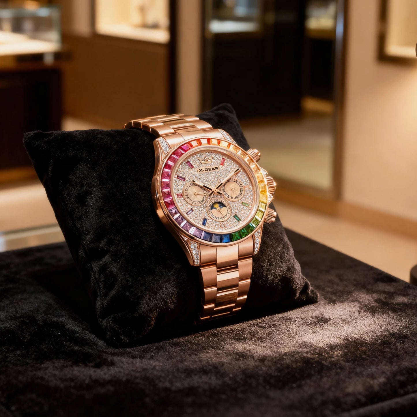 Luxury Men's Rose Gold Watch Colorful Gemstone Bezel 6-Pin Display Waterproof Mechanical Watch for Elegant Fashion