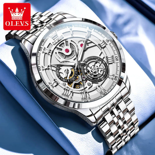 OLEVS 7076 Mechanical Watch for Men Waterproof Skeleton Chronograph Sports Fashion Wristwatch Man Hand Clock