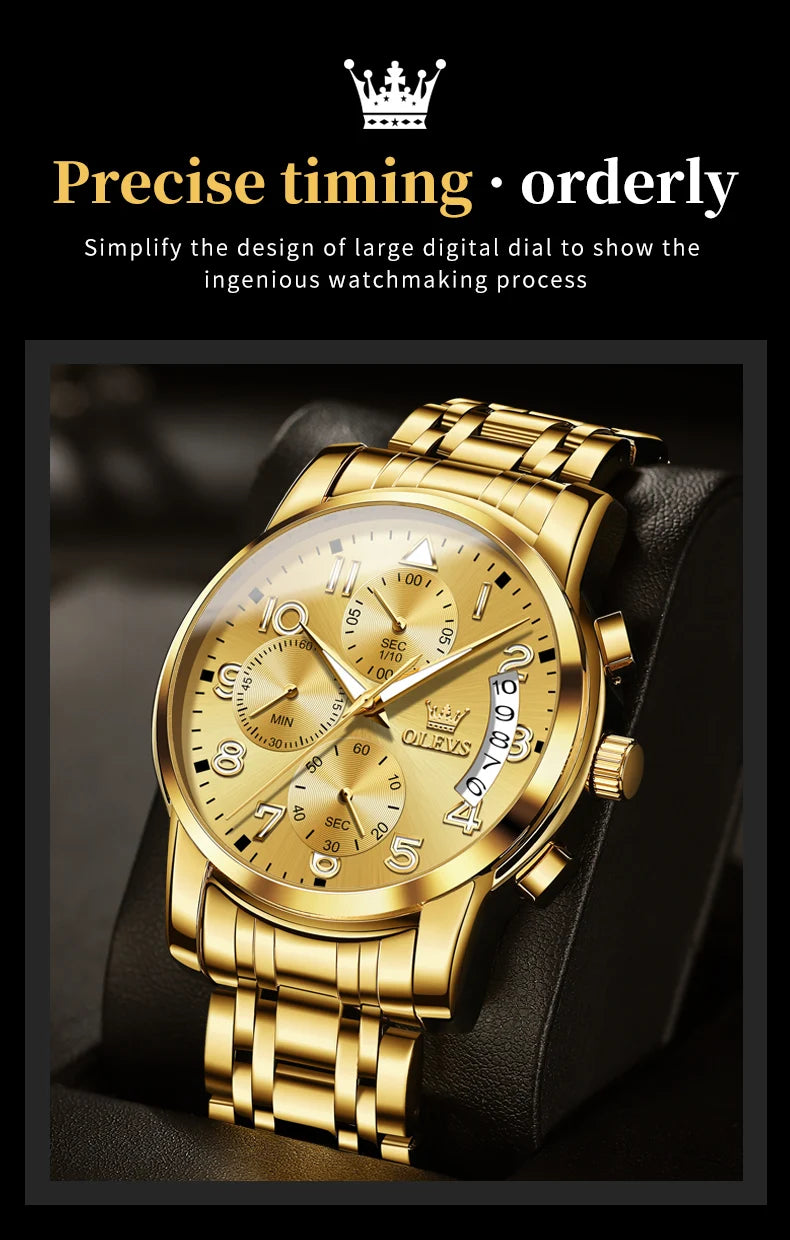 OLEVS Men's Watches Top Brand Luxury Fashion Fine Steel Original Quartz Wristwatch Waterproof Luminous Date Chronograph reloj