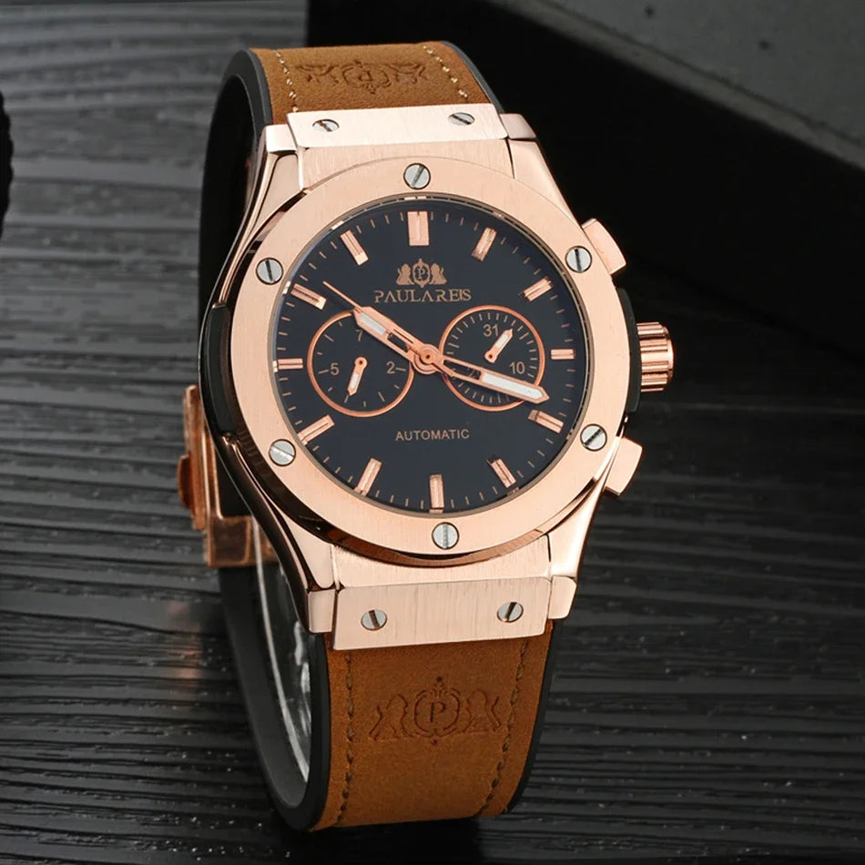 Automatic Watches for Men Mechanical Movement Rose Gold Silver Black Case White Rubber Casual Sports Geneve Watch
