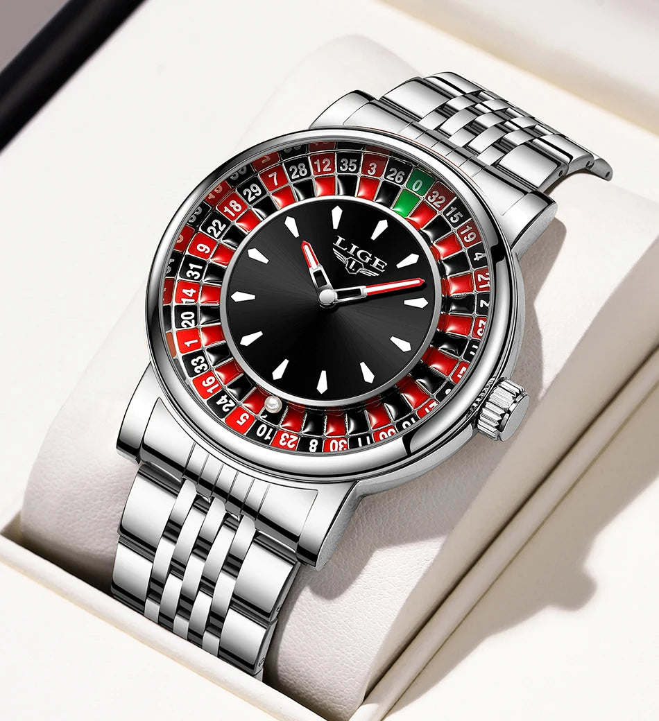 LIGE Unique Creative Men's Watches Fashion Casual Stainless Steel Rotating Dial Roulette Waterproof Classic Quartz Man Watch New