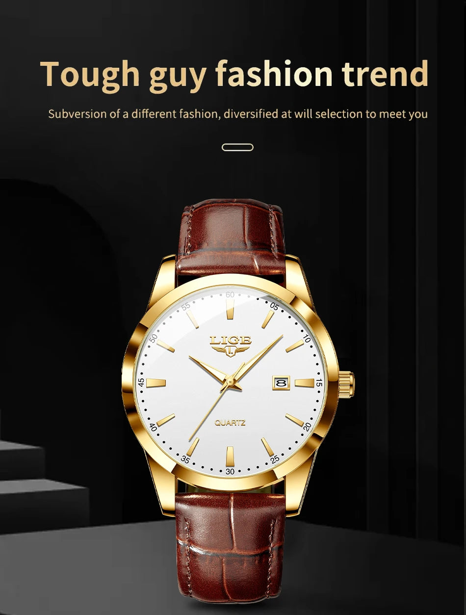 LIGE Fashion Brown Leather Watch Men Military Sports Men's Quartz Wristwatches Casual Waterproof Chronograph Relogios Masculino