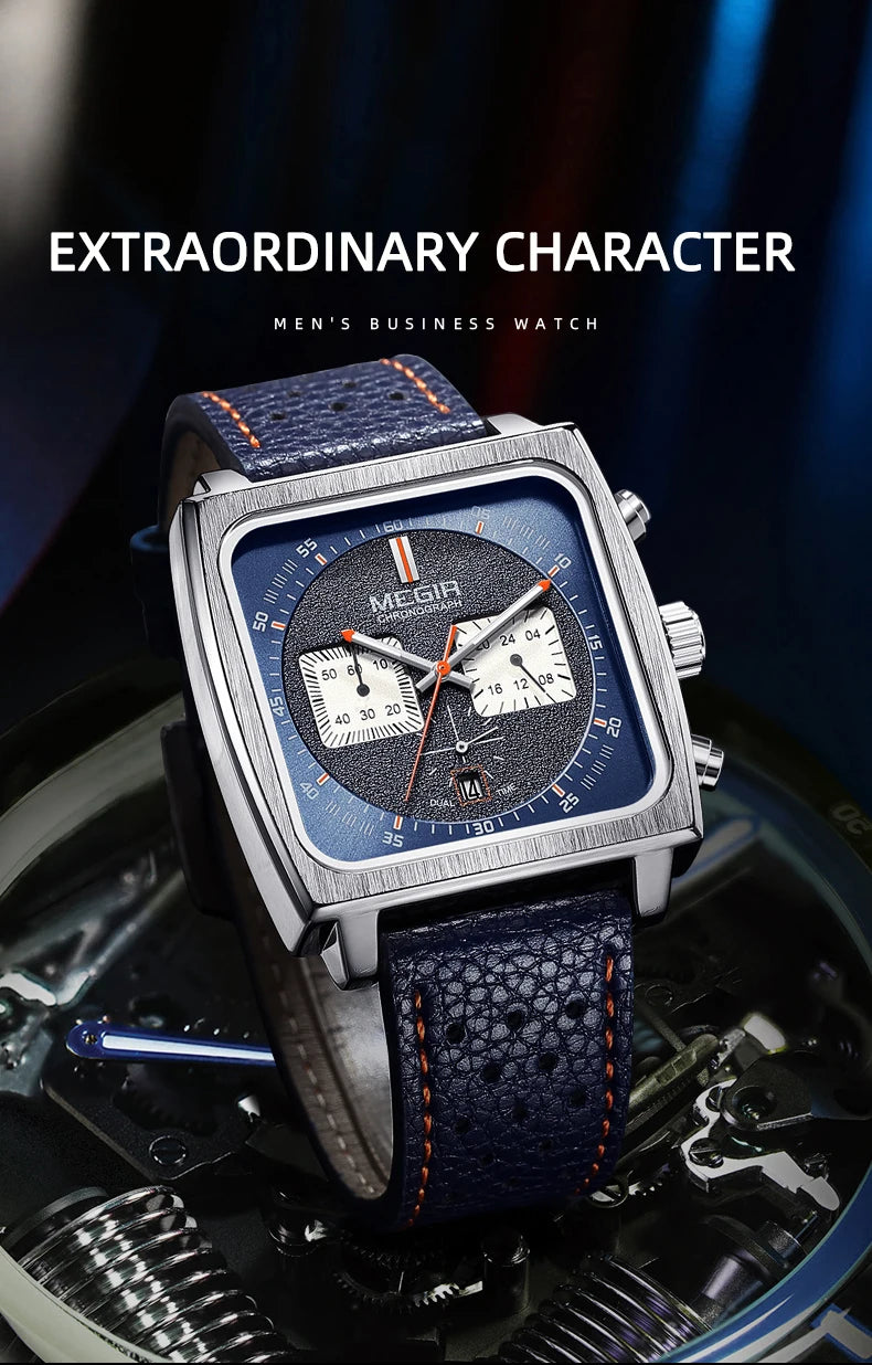 MEGIR Square Dial Chronograph Quartz Watches for Men Fashion Blue Leather Strap Casual Sport Wristwatch with Date 24-hour 2182