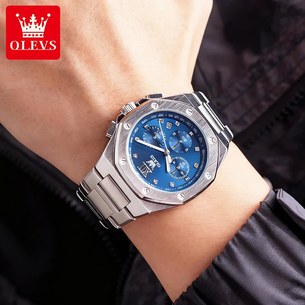 OLEVS Men's Watches Classic Luxury Top Brand Fine Steel Original Quartz Wristwatch for Man Waterproof Luminous Date Chronograph