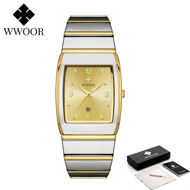 Relogio Masculino WWOOR New Man's Square Watch For Men with Automatic Date Luxury Stainless Steel Gold Mens Quartz Wrist Watches