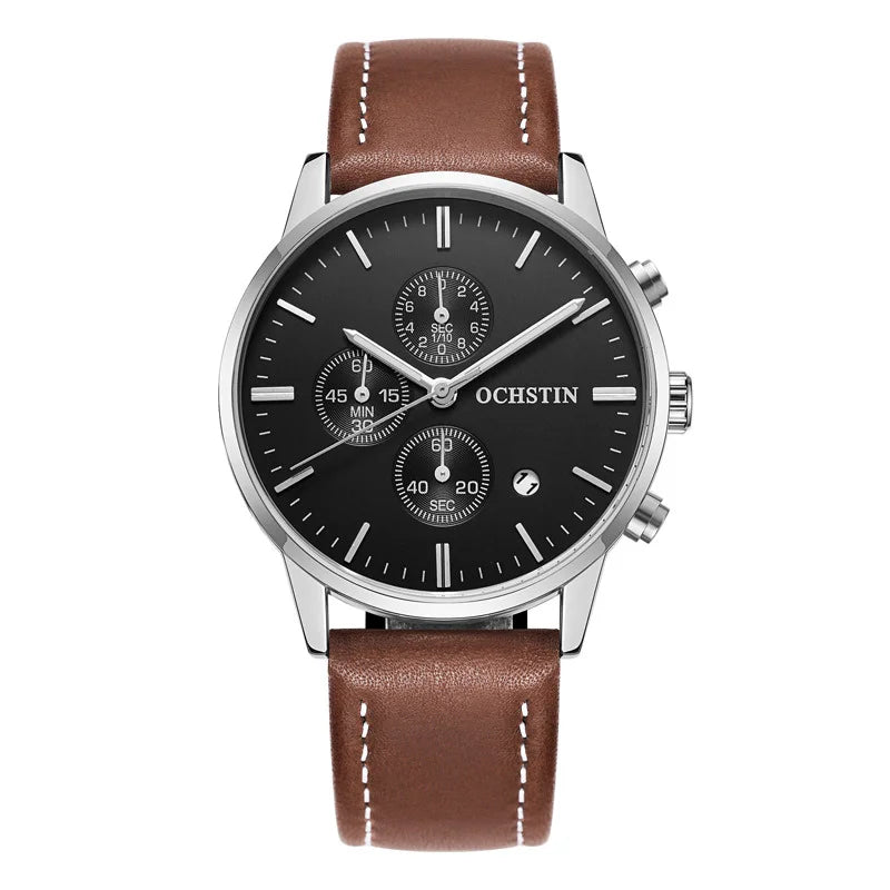 Quartz Watch for Man Multifunctional Chronography Series with 42mm Dial and 10mm Thickness Leather Strap Waterproof 3ATM