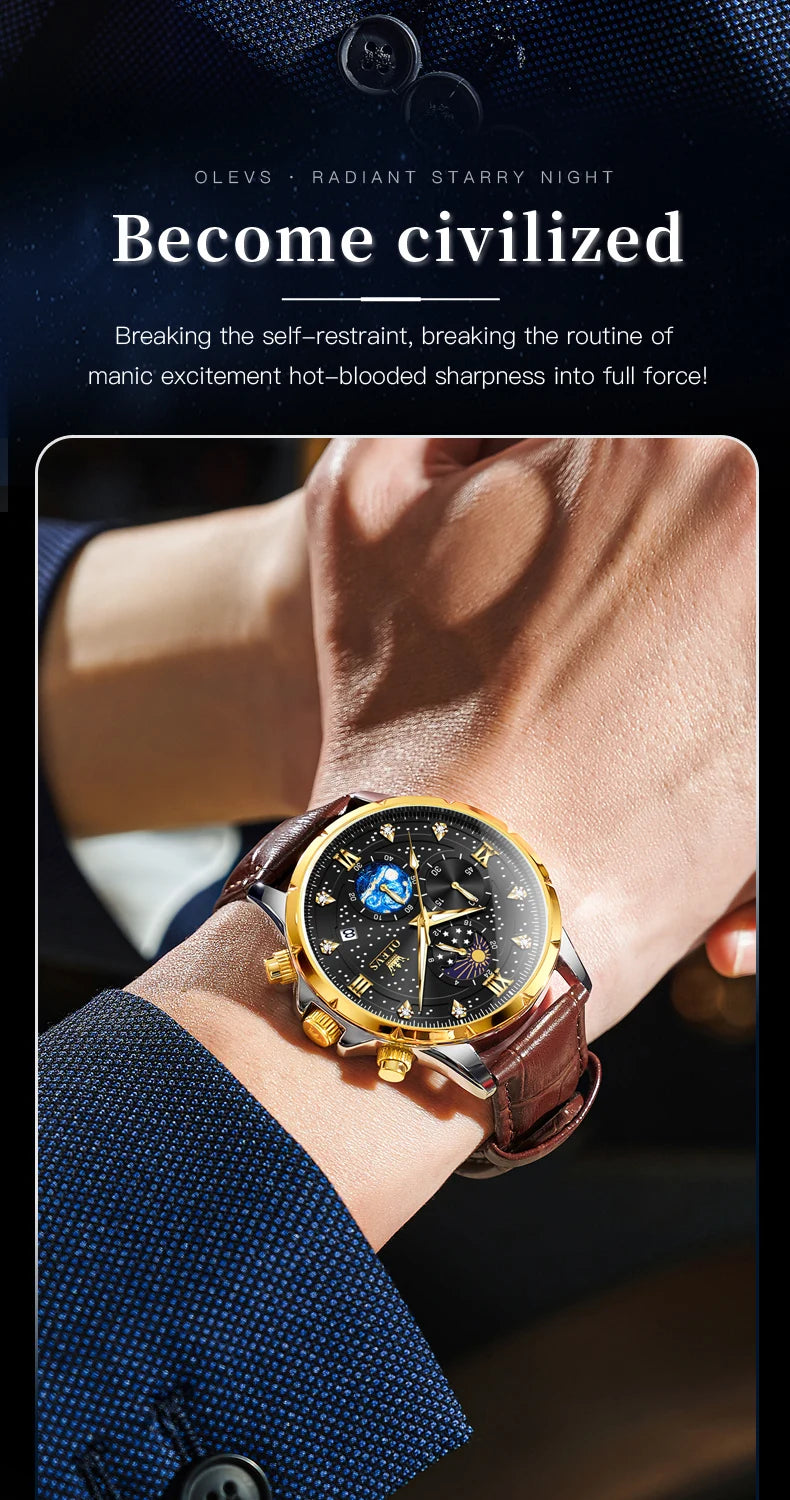 OLEVS 9807 New Mens Watches Original Quartz Watch Multifuncion Chronograph Watch For Man Waterproof Luminous Mens Gifts Freebie
