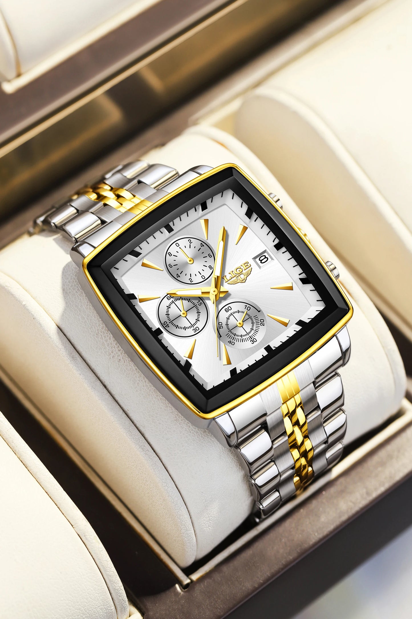 LIGE Fashion Luxury  Watches for Men Square Dial Stainless Steel Waterproof Luminous Auto Date Chronograph Quartz Man Watch+Box