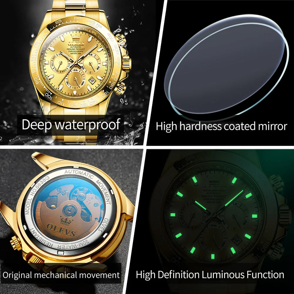 OLEVS Men's Watches Classic Luxury Automatic Mechanical Original Wristwatch for Man 24 Hour Week Date Display Waterproof Fashion