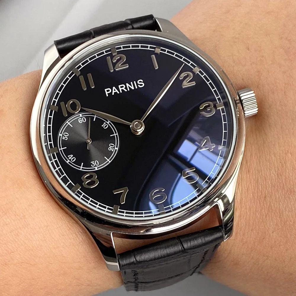 Retro Watch for Men Asia 6497 Hand Winding Movement Black White Mechanical Manual Winding Mineral Crystal 44mm Transparent Back