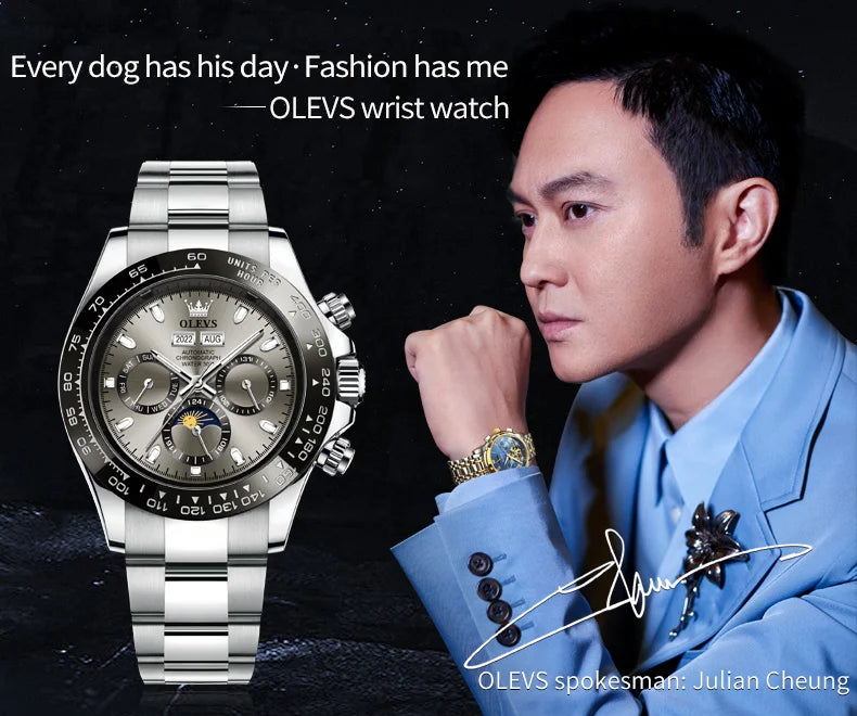 OLEVS 6654 Luxury Mens Watch Chronograph Automatic Mechanical Wristwatch Waterproof Luminous Top Brand Watch for Man Date Sport