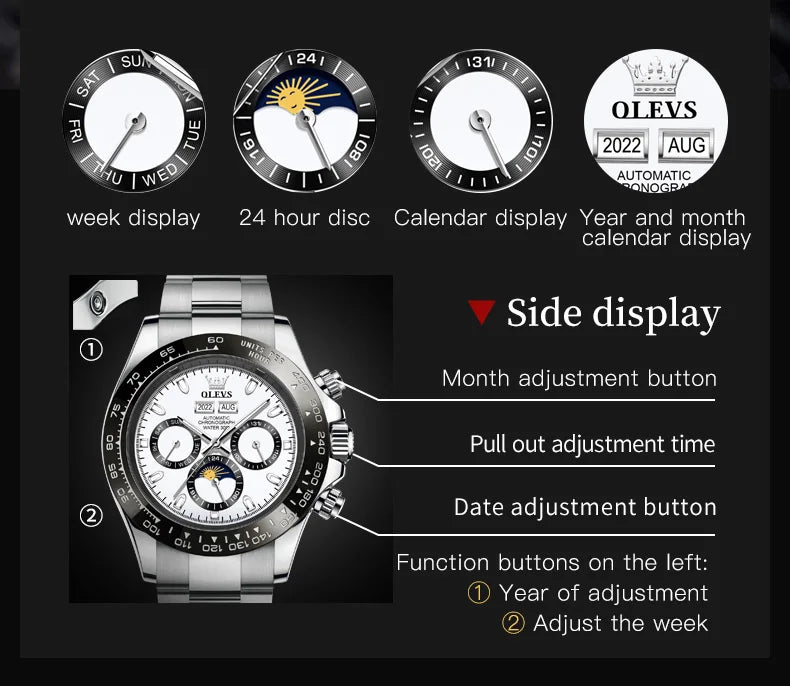 OLEVS 6654 Top Brand Men's Watches Classic Fashion Automatic Mechanical Watch for Man Complete Calendar Moon Phase Waterproof