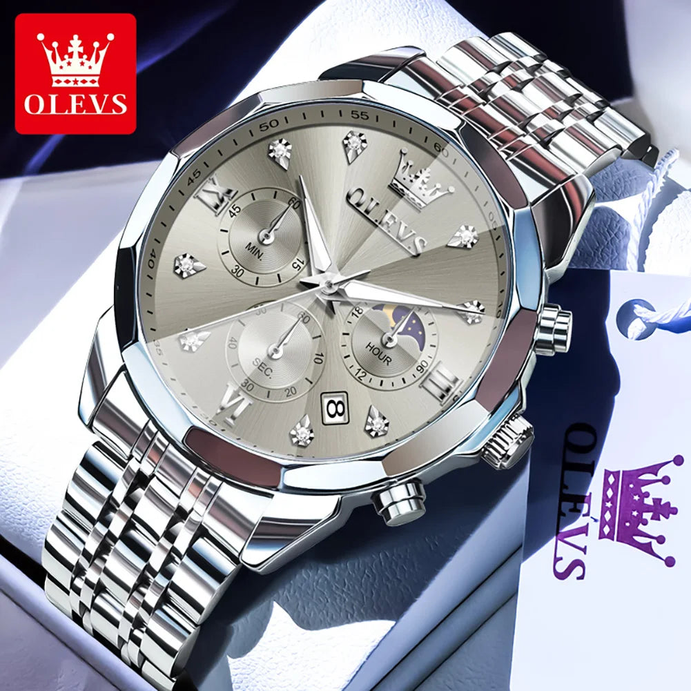 OLEVS 3670 Men's Watches Solid Steel Strap Rhombus Mirror 24Hour Moon Phase Waterproof Luminous Chronograph Quartz Watch for Men