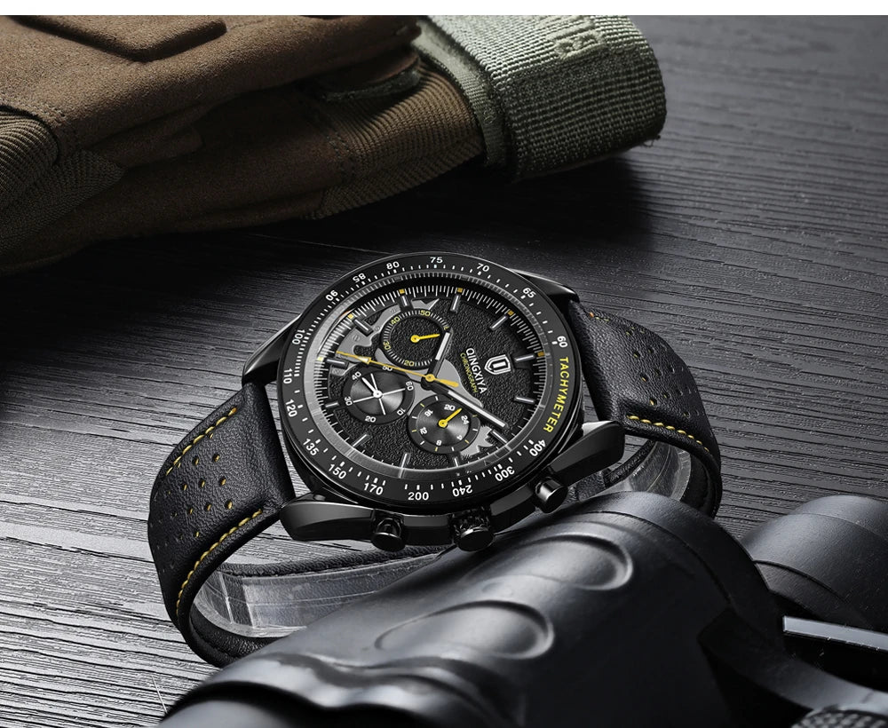 QINGXIYA New Men's Quartz Watches Top Brand Luxury Chronograph Watch Sport Leather Strap Strap Waterproof 24 Hours Male Clock